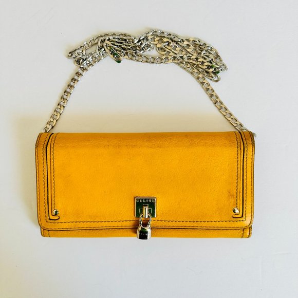 AUTHENTIC CELINE SOFT LEATHER WALLET WITH CHAIN STRAP YELLOW  WC-SA-0108 - Picture 1 of 12